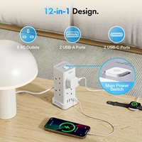 VonHaus Tower Extension Lead with USB, Power Surge Protection 2M Cable White, 8 x UK Mains Sockets, Three-Pin 13A Plugs, Arranged Vertically With 2 Sockets On Each Of The 4 Sides - Image 2