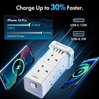 VonHaus Tower Extension Lead with USB, Power Surge Protection 2M Cable White, 8 x UK Mains Sockets, Three-Pin 13A Plugs, Arranged Vertically With 2 Sockets On Each Of The 4 Sides - Image 4