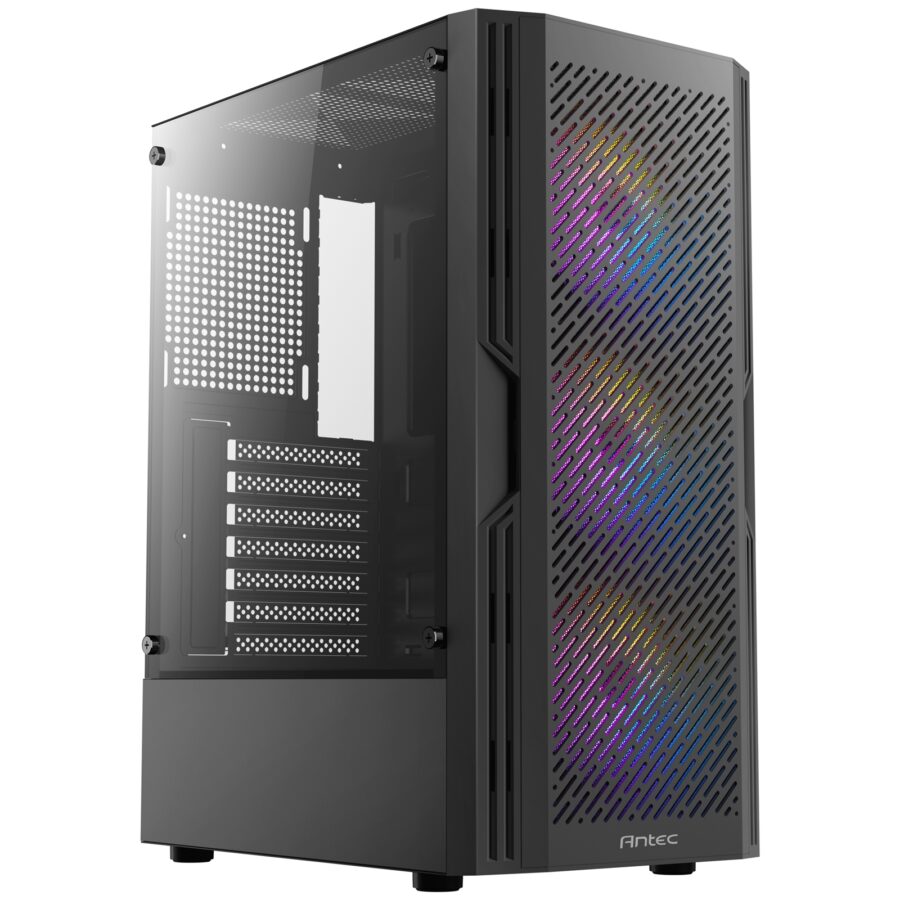 Antec AX20 Case, Black, Mid Tower, 1 x USB 3.0 / 2 x USB 2.0, Tempered Glass Side Window Panel, Slanted Bar & Mesh Design for Massive Airflow, 3 x Pre-Installed RGB LED Fans, ATX, Micro ATX, Mini-ITX Compatible