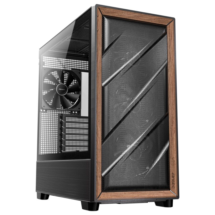 Antec FLUX Mid Tower Gaming Case, 1 x USB Type-C / 2 x USB 3.0, Tempered Glass Side Window Panel, Multi-directional Vent Design, Walnut Wood Accents, 5 x Pre-Installed PWM Fans, E-ATX (=330mm), ATX, Micro-ATX, ITX Compatible