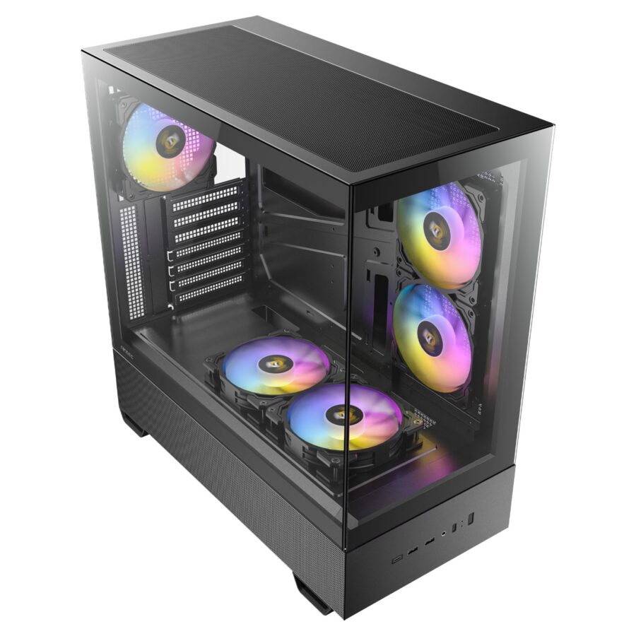 Antec CX705 ARGB Gaming Case Mid Tower, 1 x USB Type-C / 1 x USB 3.0 / 1 x USB 2.0, Tempered Glass Front and Side Window Panel, Vertical Cooling with Massive Air Intake, 5 x Pre-Installed ARGB LED Fans, ATX, Micro-ATX, ITX Compatible