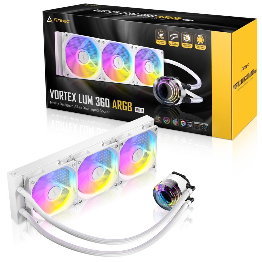 Antec Vortex Lum 360 ARGB White CPU Liquid Cooler - Intel & AMD Compatible, 3 x 120mm ARGB Fans, Suspended Spiral Pump Head, Enhanced Cooling Performance