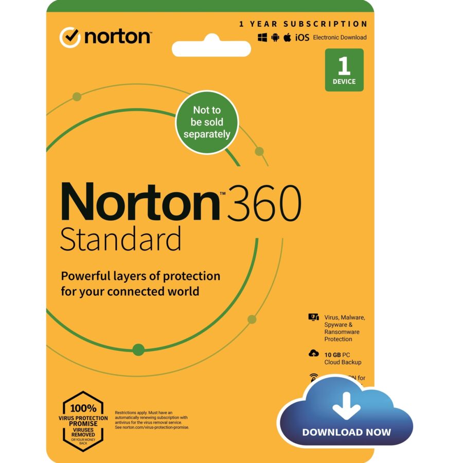 Norton 360 Standard, Antivirus Software for 1 Device, 1-year Subscription, Includes Secure VPN, Password Manager and 10GB of Cloud Storage, PC/Mac/iOS/Android, Activation Code by email - ESD