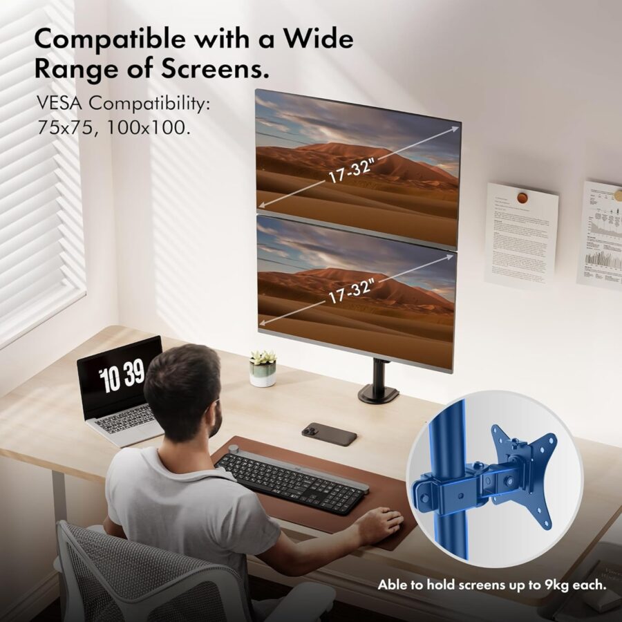 VonHaus Vertical Double Monitor Stand for 13-32" Screens, Twin Monitor Mount with Clamp, Height Adjustable, Easy Assemble Stand with Full Tilt, Rotation & Swivel Arms, VESA 75x75 & 100x100mm