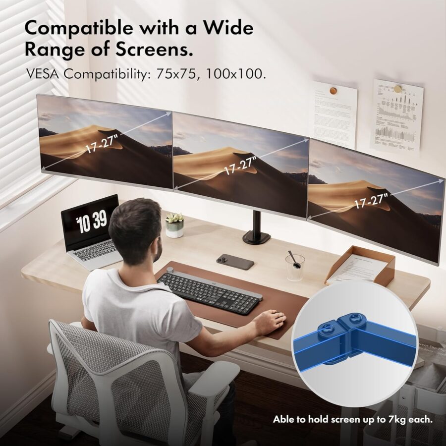 VonHaus Triple Monitor Stand for 17-27" Screens, Three Screen Monitor Mount with Desk Clamp, Height Adjustable, Easy Assemble Stand with Full Tilt, Rotation & Swivel Arms, VESA 75x75 & 100x100mm