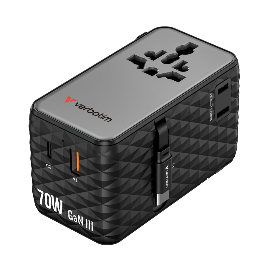 Verbatim Charge 'n' Travel 70W 2C Retractable Universal Travel Adapter Black, Fast Charging up to 70W