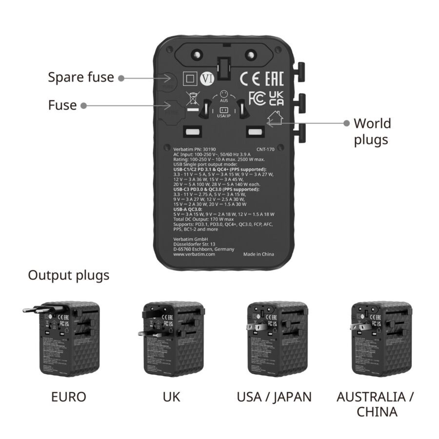 Verbatim Charge 'n' Travel 170W Universal Travel Adapter Black, Charge Up To 6 Devices AT Once