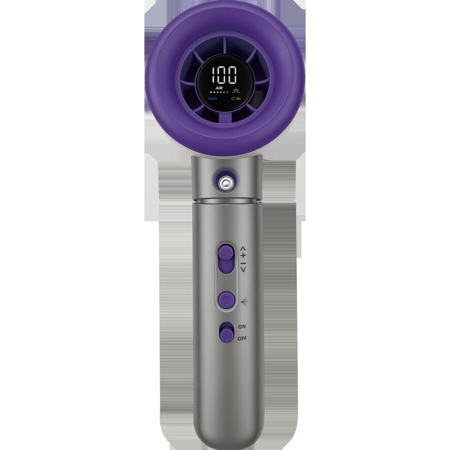 Verbatim Cool 'n' Go Aqua Breeze Handheld Fan, Portable Cooling with Refreshing Mist Spray - Grey/Purple