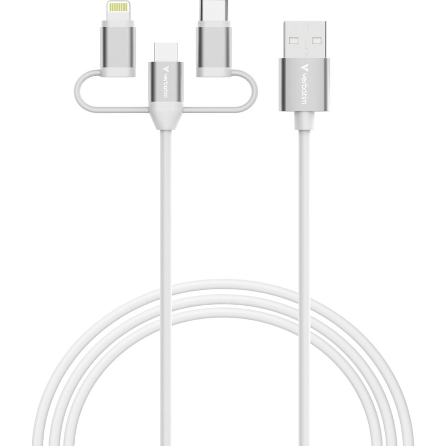 Verbatim Essentials 3-in-1 Sync & Charge Cable USB-A to Micro-B, USB-C and Lightning, 1m, 18W QC, 480Mbps, Quick Charge 3.0 Support Up To 18W Charging Power