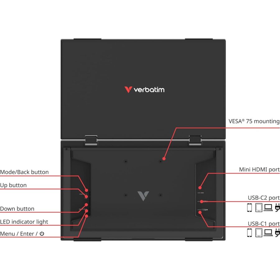 Verbatim Portable 15.6 Dual Monitor Essentials, 1920 x 1080 Resolution, 60Hz, Vesa 75 x 75mm, Built in Speakers 2 x 1W