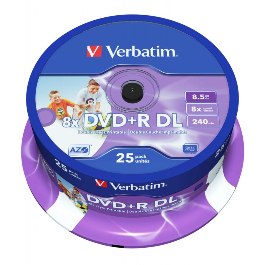Verbatim DVD+R Double Layer 8.5GB 8X Wide Printable 25 Pack Spindle No ID