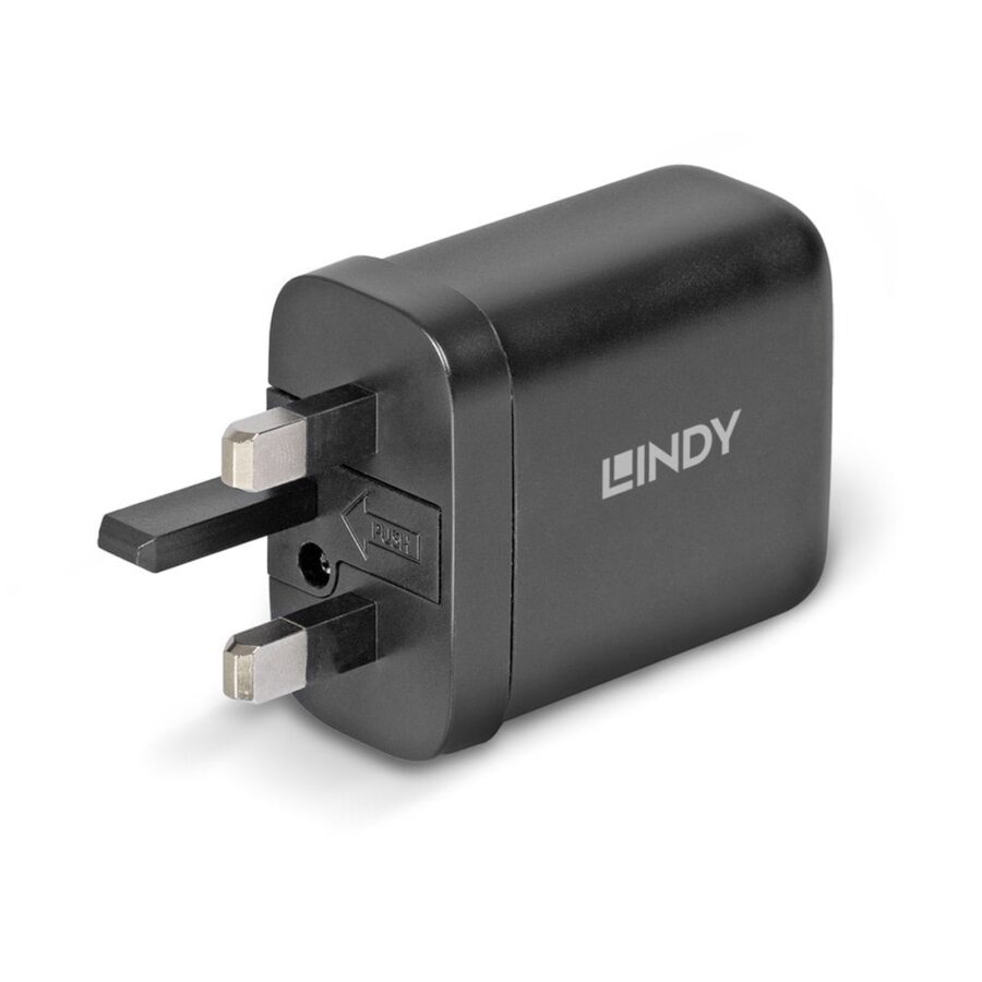 Lindy 65W USB 2 x Type C GaN Charger, Input UK Plug, Output 2 x USB Type C Female, Black