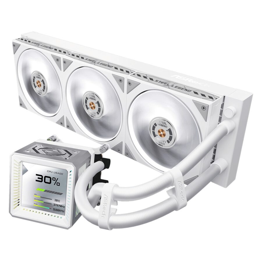ASRock Steel Legend 360 LCD White AIO Liquid CPU Cooler, 360mm Radiator, Triple 120mm PWM ARGB Fans, LCD Display, Intel LGA1700/1851 & AMD AM5/AM4 Compatible