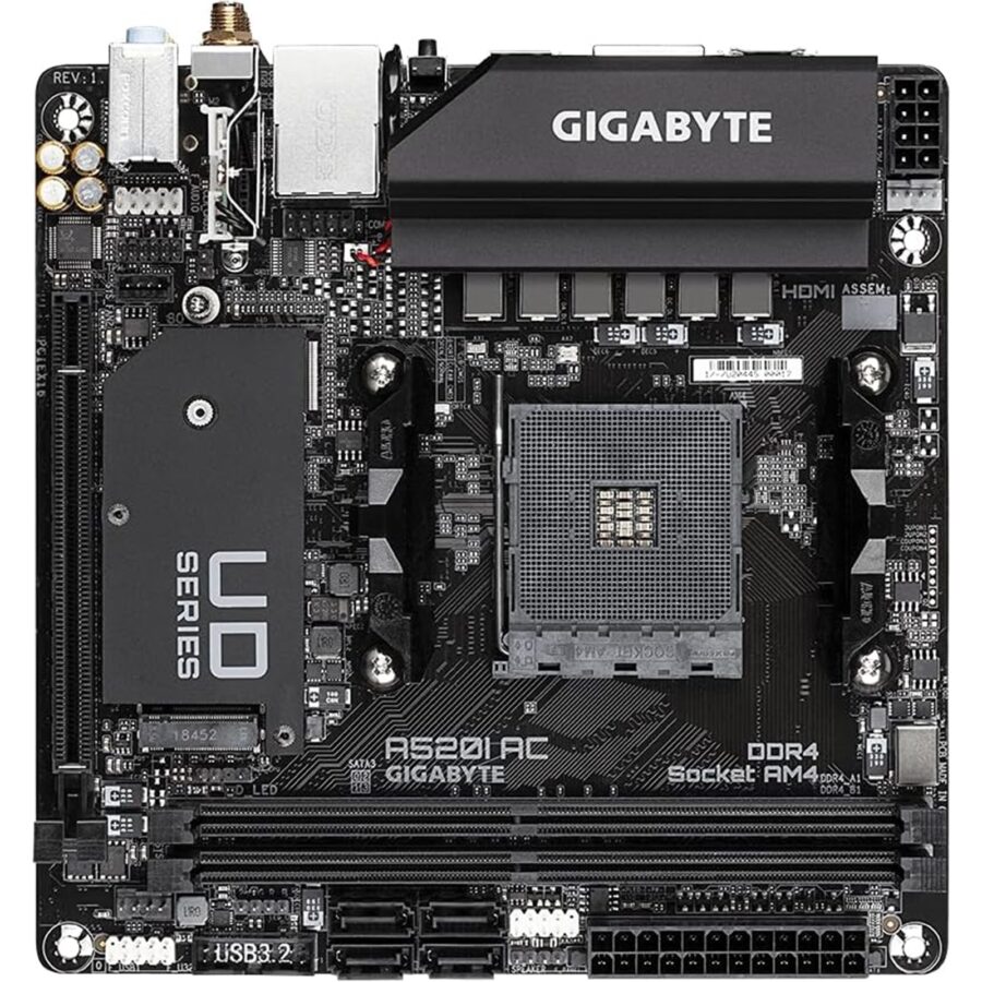 Gigabyte A520I AC Ultra Durable AMD AM4 Socket Motherboard, Mini-ITX, 2x DDR4 Slots, 1x M.2 Socket, GbE LAN, Wi-Fi 5, 1x DisplayPort / 2x HDMI Ports