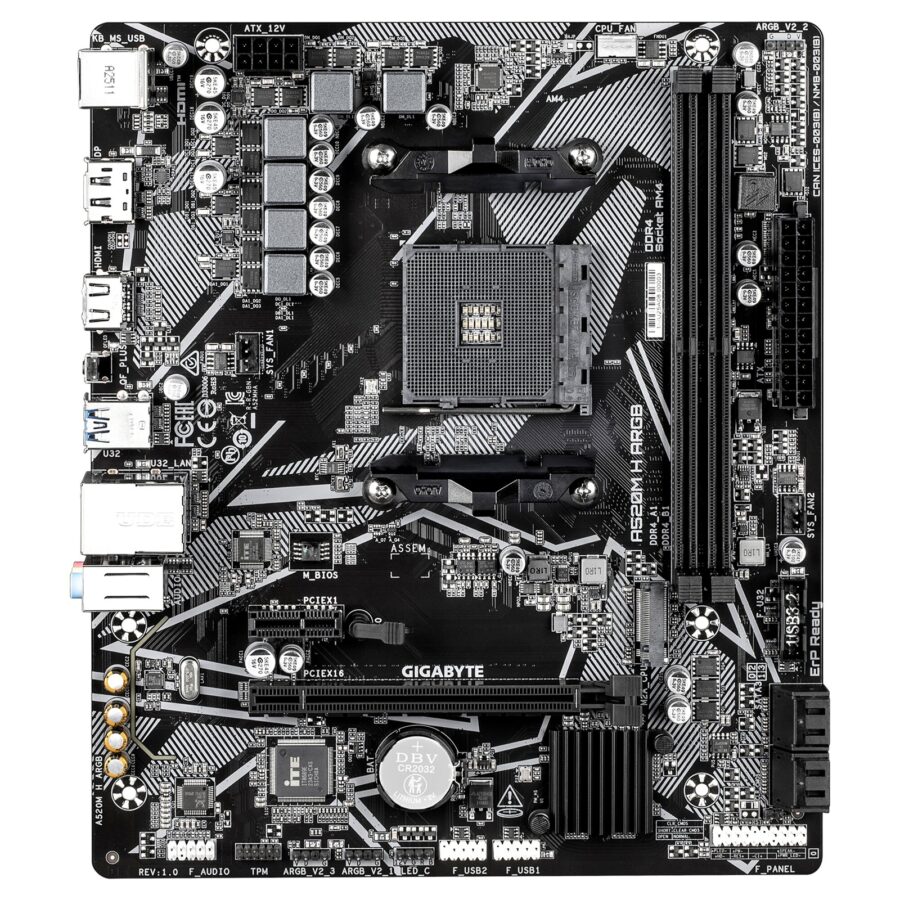 Gigabyte A520M H ARGB AMD AM4 Socket Motherboard, Micro-ATX, 2x DDR4 Slots, 1x M.2 Socket, GbE LAN, 1x DisplayPort / 1x HDMI Port