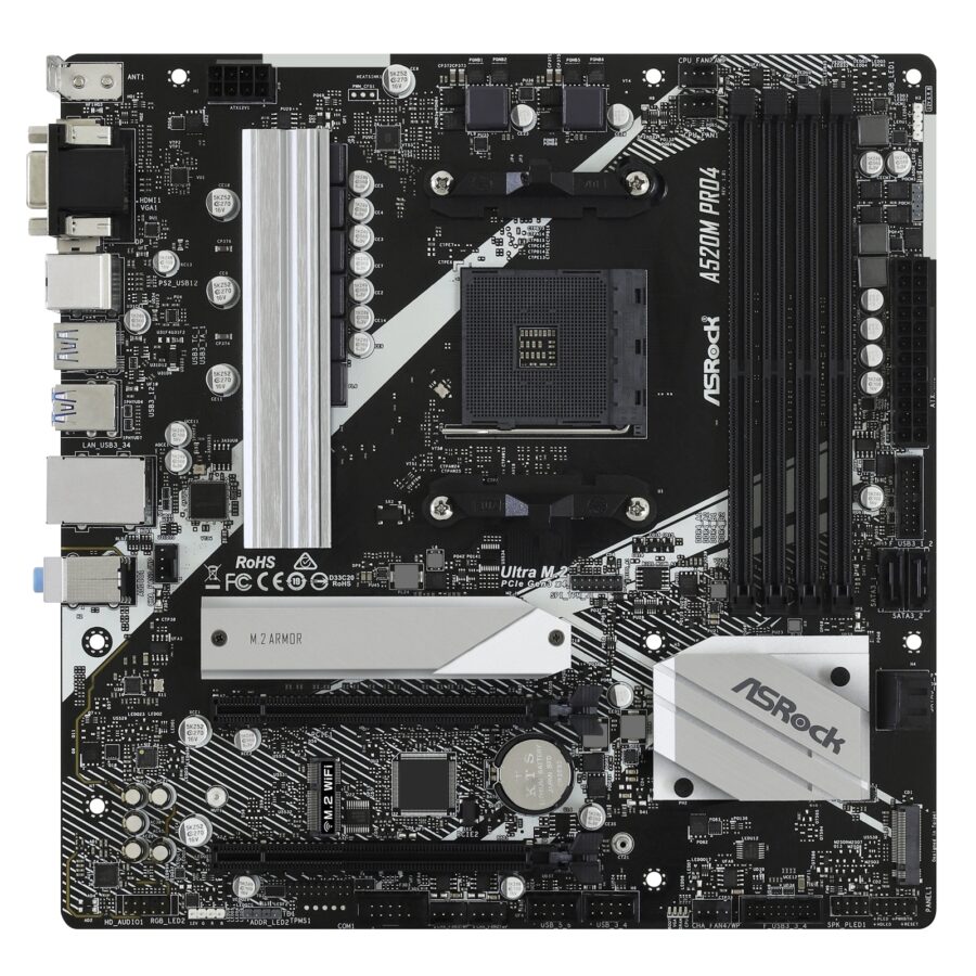 ASRock A520M PRO4 Super Alloy AMD AM4 Socket Motherboard, Micro-ATX, 4x DDR4 Slots, 1x M.2 Socket, GbE LAN, 1x D-Sub / 1x DisplayPort / 1x HDMI Port