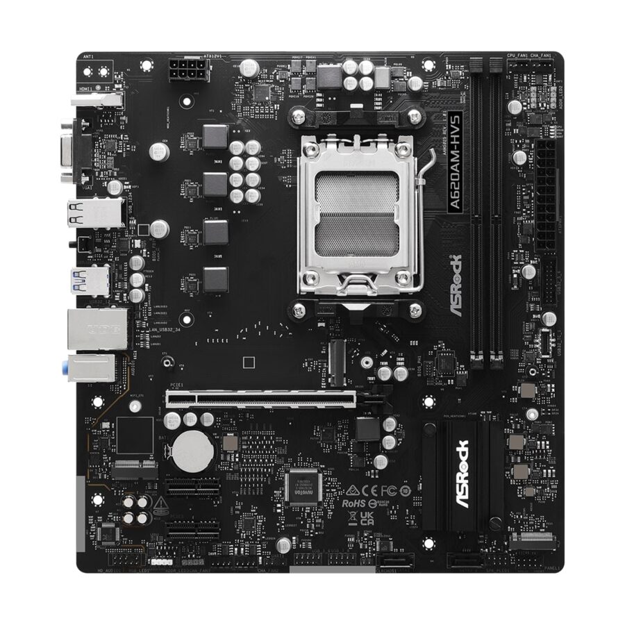 ASRock A620AM-HVS AMD AM5 Socket Motherboard, Micro-ATX, 2x DDR5 Slots, 2x M.2 Sockets, GbE LAN, 1x D-Sub / 1x HDMI Port