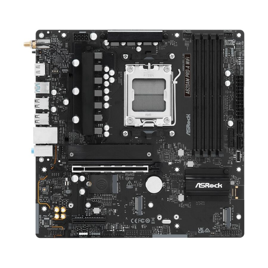 ASRock A620AM PRO-A WIFI AMD AM5 Socket Motherboard, Micro-ATX, 4x DDR5 Slots, 3x M.2 Sockets, 2.5GbE LAN, Wi-Fi 6E, 1x HDMI Port
