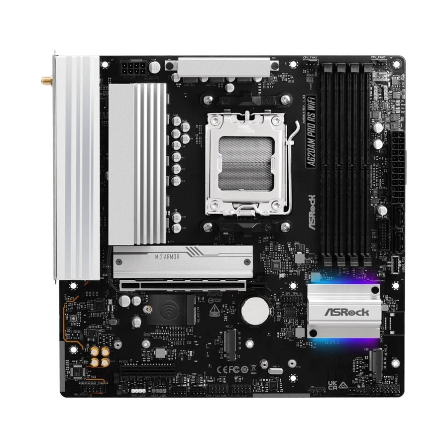 ASRock A620AM Pro RS WiFi AMD AM5 Socket Motherboard, Micro-ATX, 4x DDR5 Slots, 3x M.2 Sockets, 2.5GbE LAN, Wi-Fi 6E, 1x HDMI Port / 1x DisplayPort