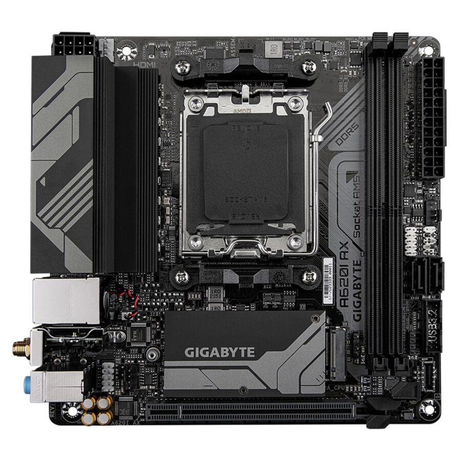Gigabyte A620I AX (Rev. 1.0) AMD AM5 Socket Motherboard, Mini-ITX, 2x DDR5 Slots, 1x M.2 Socket, 2.5GbE LAN, Wi-Fi 6E, 1x DisplayPort / 1x HDMI Port