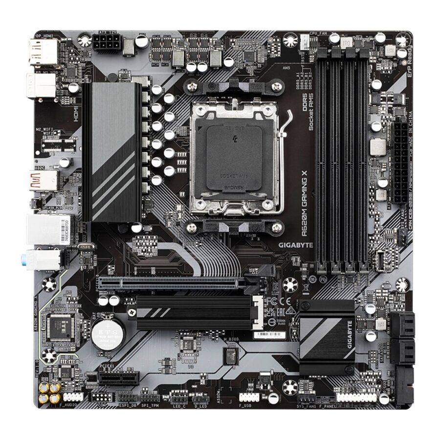 Gigabyte A620M GAMING X AMD AM5 Socket Motherboard, Micro-ATX, 4x DDR5 Slots, 1x M.2 Socket, GbE LAN, 1x DisplayPort / 1x HDMI Port
