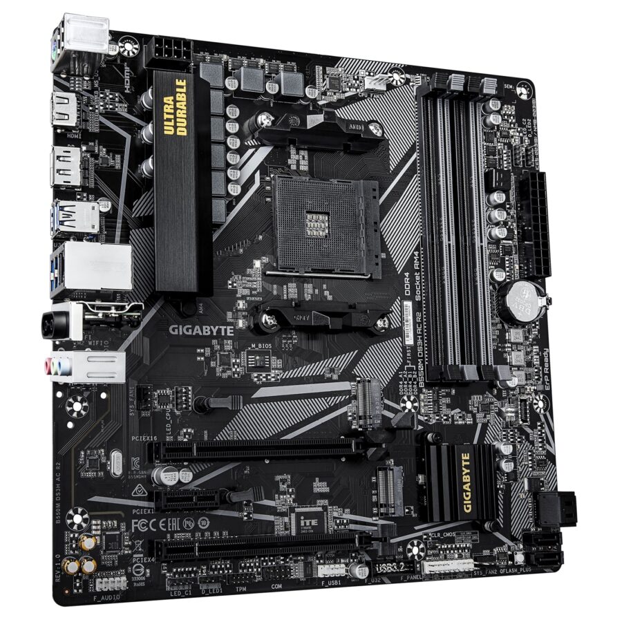 Gigabyte B550M DS3H AC R2 Ultra Durable AMD AM4 Socket Motherboard, Micro-ATX, 4x DDR4 Slots, 2x M.2 Sockets, GbE LAN, Wi-Fi 5, 1x DisplayPort / 1x HDMI Port