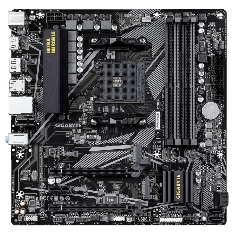 Gigabyte B550M DS3H R2 AMD AM4 Socket Motherboard, Micro-ATX, 4x DDR4 Slots, 2x M.2 Sockets, GbE LAN, 1x DisplayPort / 1x HDMI Port
