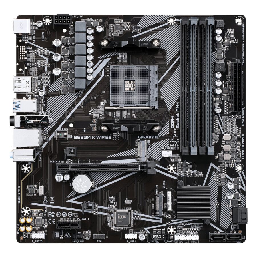 Gigabyte B550M K WIFI6E AMD AM4 Socket Motherboard, Micro-ATX, 4x DDR4 Slots, 2x M.2 Sockets, GbE LAN, Wi-Fi 6E, 1x DisplayPort / 1x HDMI Port