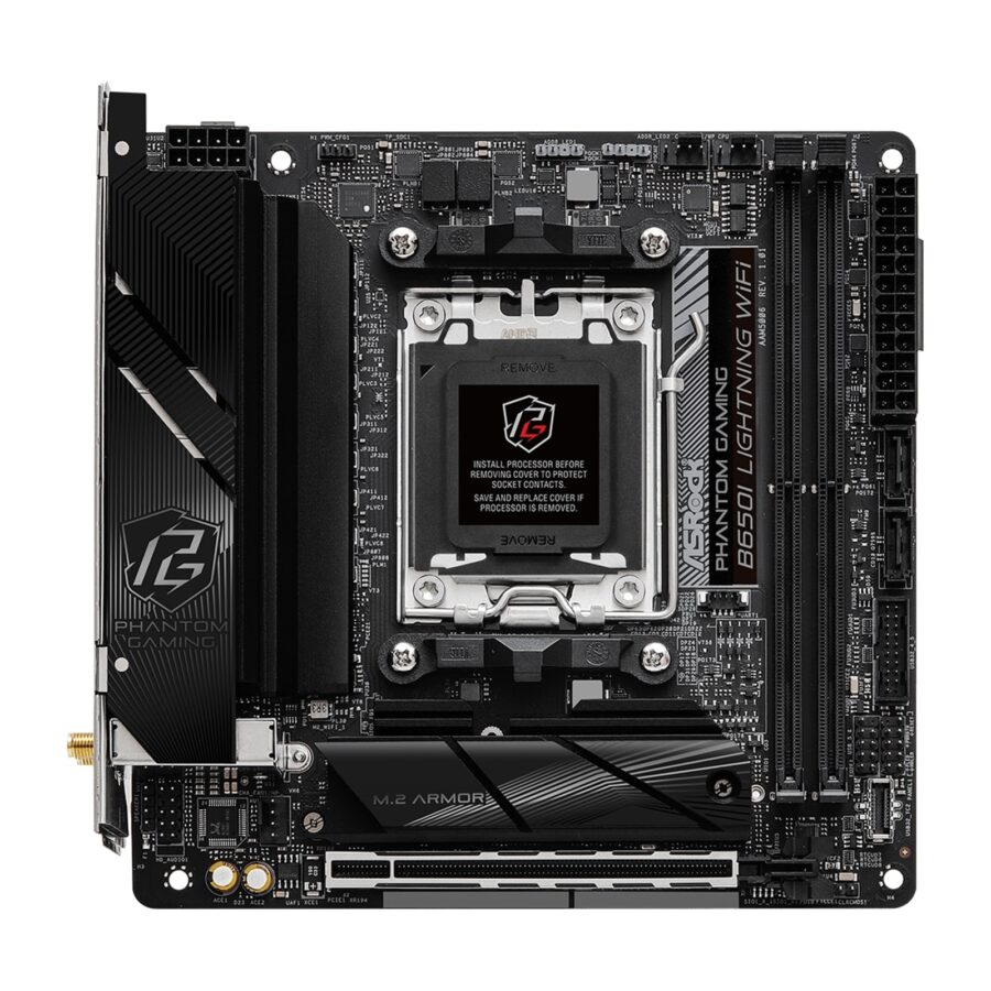 ASRock B650I LIGHTNING WIFI AMD AM5 Socket Motherboard, Mini-ITX, 2x DDR5 Slots, 2x M.2 Sockets, Fitted I/O Shield, 2.5GbE LAN, Wi-Fi 6E, 1x HDMI Port