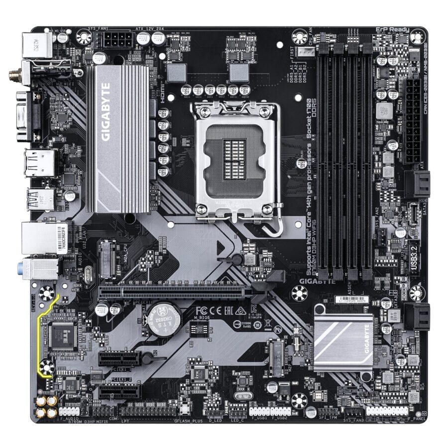 Gigabyte B760M D3HP WIFI6 Intel 1700 Socket Motherboard, Micro-ATX, 4x DDR5 Slots, 2x M.2 Sockets, GbE LAN, Wi-Fi 6, 1x D-Sub / 1x DisplayPort / 1x HDMI Port