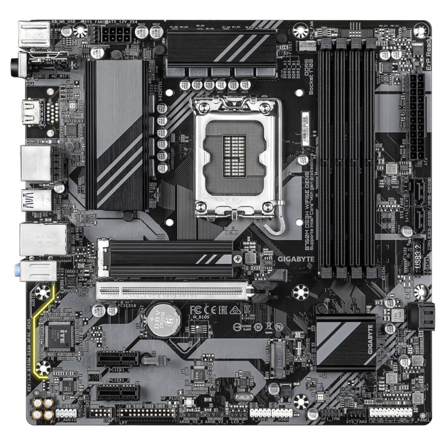 Gigabyte B760M DS3H WIFI6E GEN5 Intel 1700 Socket Motherboard, Micro-ATX, 4x DDR5 Slots, 2x M.2 Sockets, 2.5GbE LAN, Wi-Fi 6E, 1x HDMI Port / 2x DisplayPorts