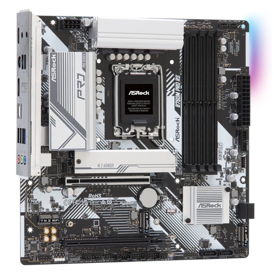 ASRock B760M PRO RS Intel 1700 Socket Motherboard, Micro-ATX, 4x DDR5 Slots, 3x M.2 Sockets, Fitted I/O Shield, 2.5GbE LAN, 1x DisplayPort / 1x HDMI Port