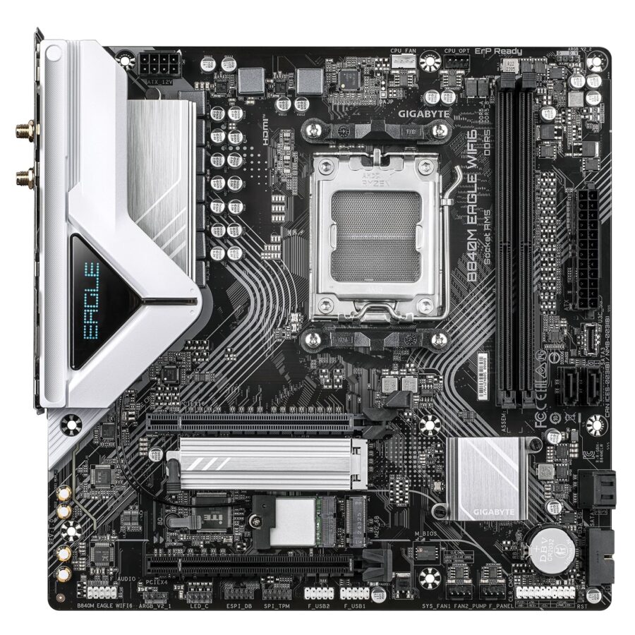 Gigabyte B840M EAGLE WIFI6 AMD AM5 Socket Motherboard, Micro-ATX, 2x DDR5 Slots, 2x M.2 Sockets, Fitted I/O Shield, 2.5GbE LAN, Wi-Fi 6, 1x DisplayPort / 1x HDMI Port