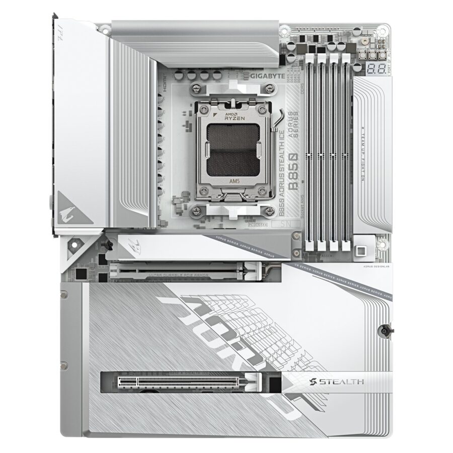 Gigabyte B850 AORUS STEALTH ICE AMD AM5 Socket Motherboard, ATX, 4x DDR5 Slots, 4x M.2 Sockets, Fitted I/O Shield, 5GbE LAN, Wi-Fi 7, 1x HDMI Port