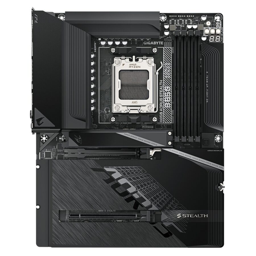 Gigabyte B850 AORUS STEALTH AMD AM5 Socket Motherboard, ATX, 4x DDR5 Slots, 4x M.2 Sockets, Fitted I/O Shield, 5GbE LAN, Wi-Fi 7, 1x HDMI Port