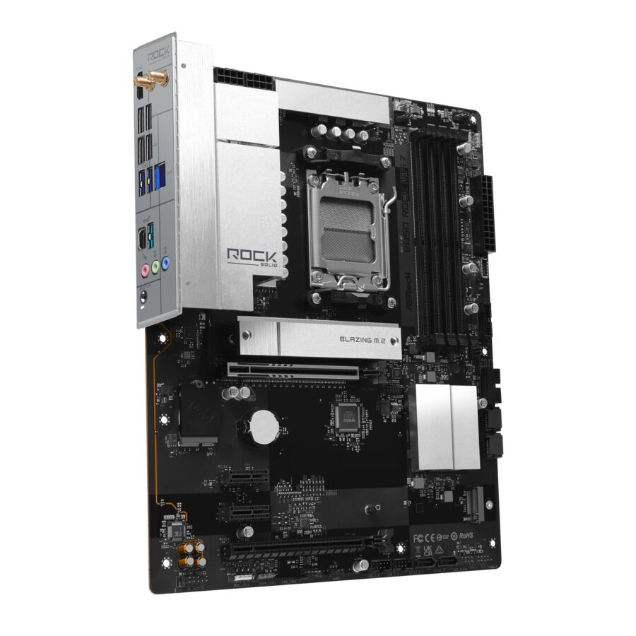 ASRock B850 Rock WiFi 7 AMD AM5 Socket Motherboard, ATX, 4x DDR5 Slots, 2x M.2 Sockets, Fitted I/O Shield, 2.5GbE LAN, Wi-Fi 7, 1x HDMI Port