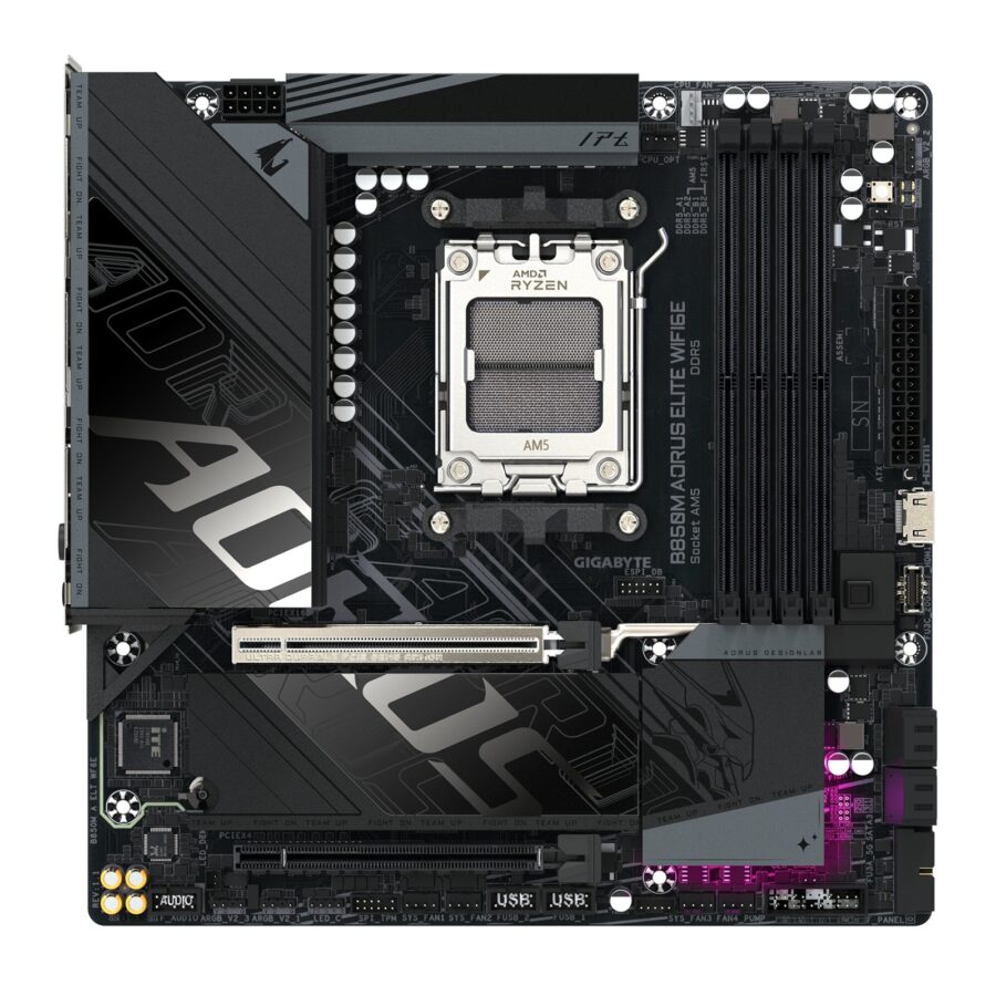 Gigabyte B850M AORUS ELITE WIFI6E AMD AM5 Socket Motherboard, Micro-ATX, 4x DDR5 Slots, 2x M.2 Sockets, Fitted I/O Shield, 2.5GbE LAN, Wi-Fi 6E, 1x DisplayPort