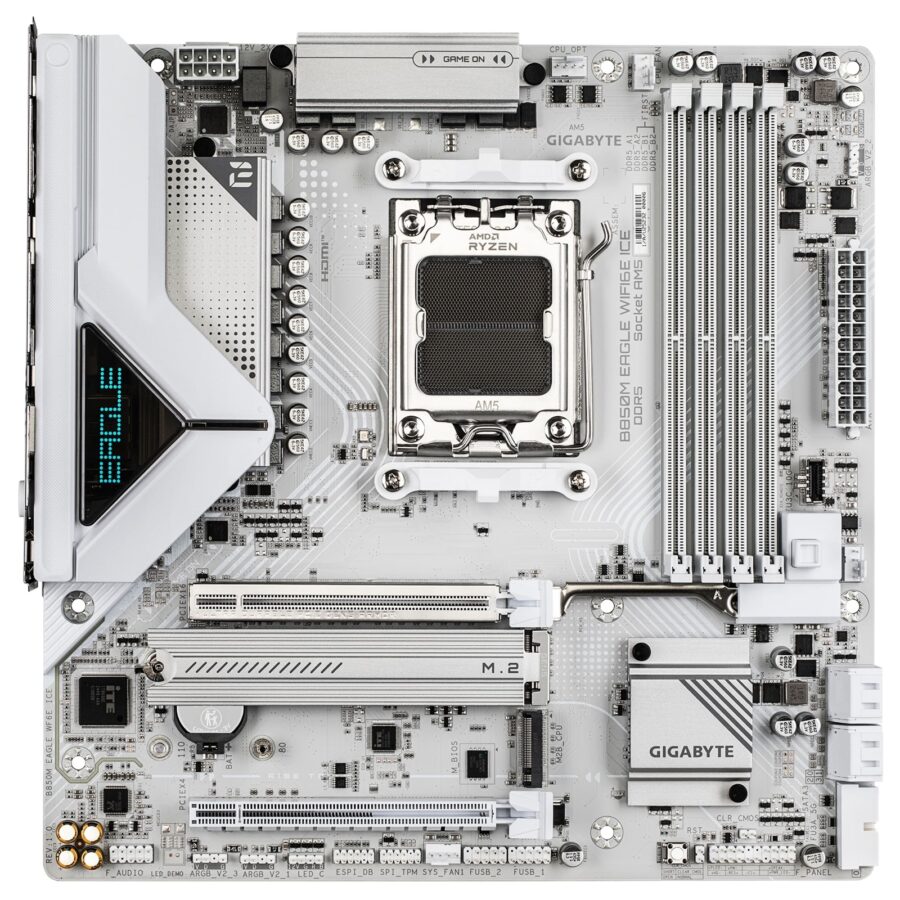 Gigabyte B850M Eagle WIFI6E ICE AMD AM5 Socket Motherboard, Micro-ATX, 4x DDR5 Slots, 2x M.2 Sockets, Fitted I/O Shield, 2.5GbE LAN, Wi-Fi 6E, 2x DisplayPorts / 1x HDMI Port