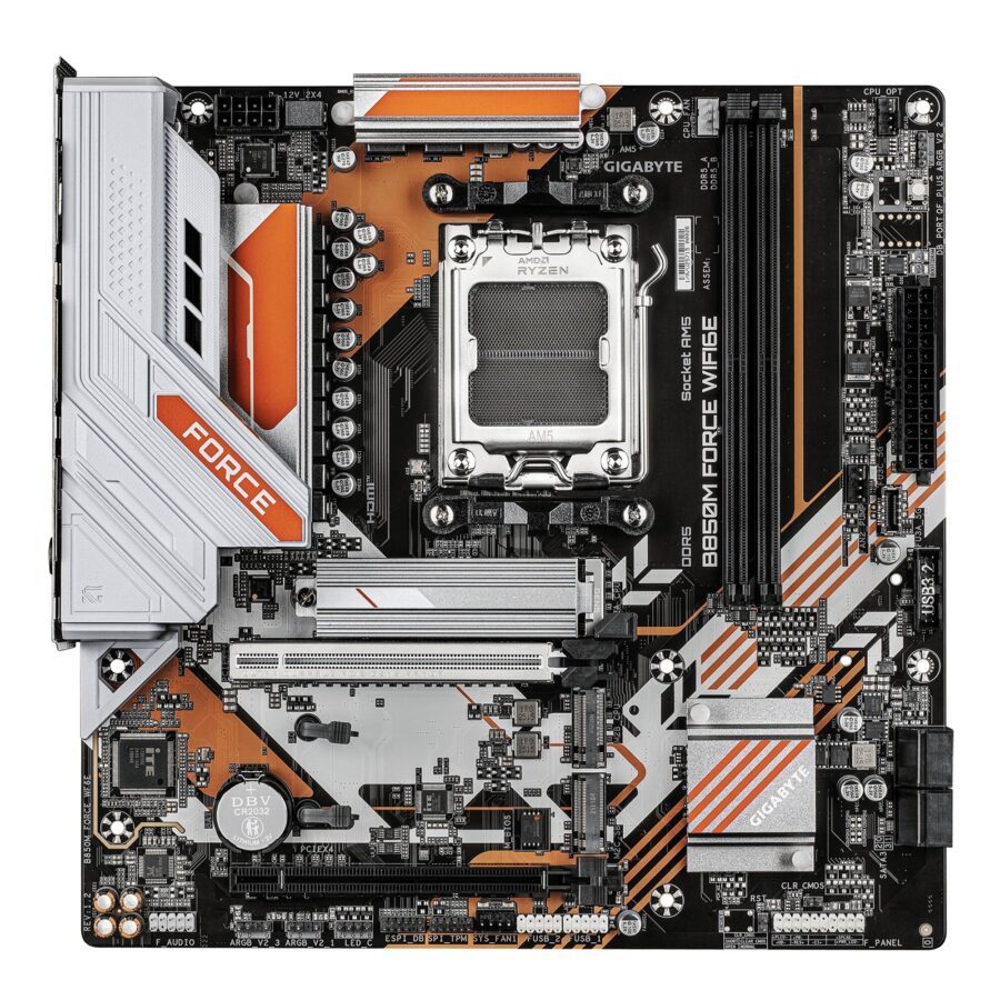 Gigabyte B850M FORCE WIFI6E AMD AM5 Socket Motherboard, Micro-ATX, 2x DDR5 Slots, 3x M.2 Sockets, Fitted I/O Shield, 2.5GbE LAN, Wi-Fi 6E, 1x DisplayPort / 1x HDMI Port