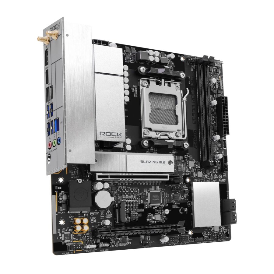 ASRock B850M Rock WiFi AMD AM5 Socket Motherboard, Micro-ATX, 2x DDR5 Slots, 2x M.2 Sockets, Fitted I/O Shield, 2.5GbE LAN, Wi-Fi 6E, 1x DisplayPort / 1x HDMI Port