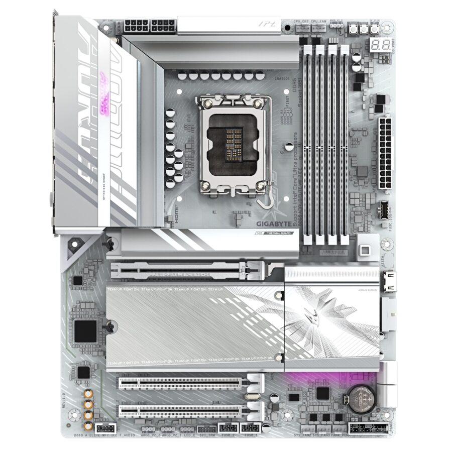 Gigabyte B860 AORUS ELITE WIFI7 ICE Intel 1851 Socket Motherboard, ATX, 4x DDR5 Slots, 3x M.2 Sockets, Fitted I/O Shield, 2.5GbE LAN, Wi-Fi 7, 1x DisplayPort / 1x HDMI Ports / 1x USB-C (USB4)