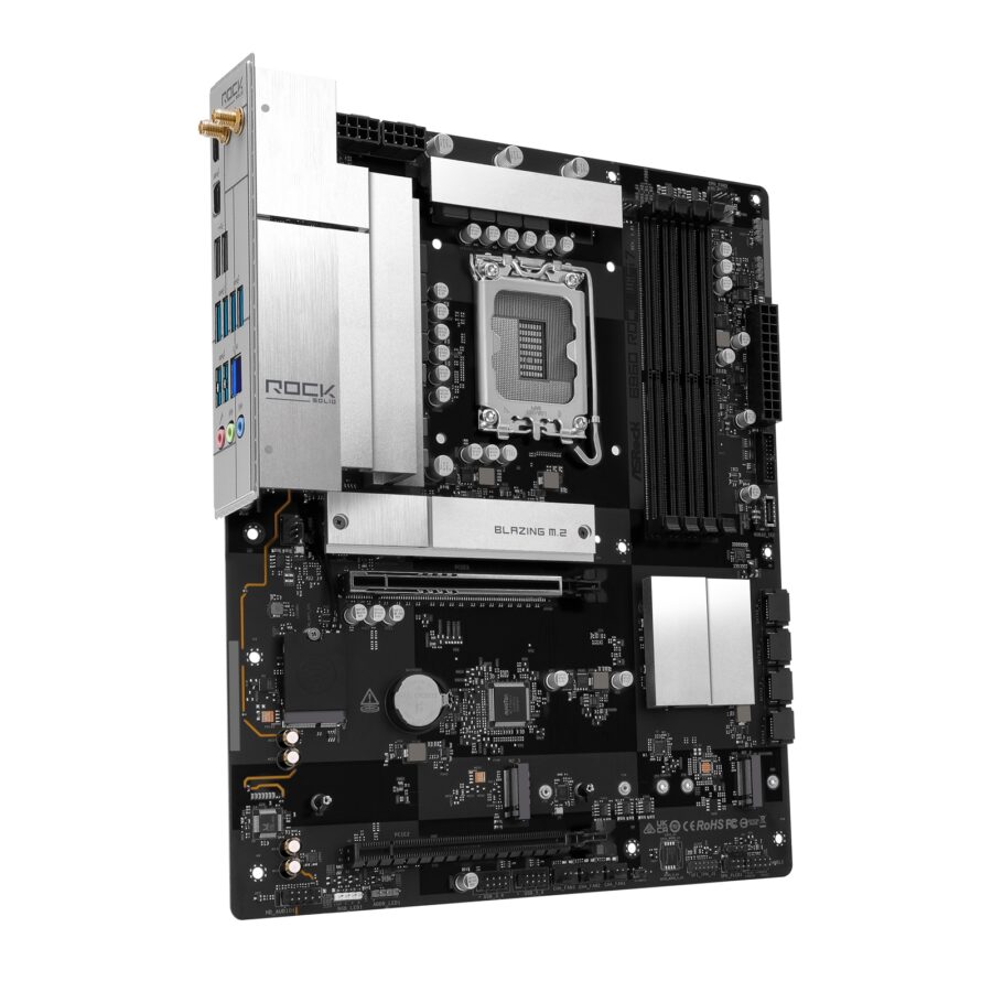 ASRock B860 Rock WiFi 7 Intel 1851 Socket Motherboard, ATX, 4x DDR5 Slots, 3x M.2 Sockets, Fitted I/O Shield, 2.5GbE LAN, Wi-Fi 7, 1x HDMI Port