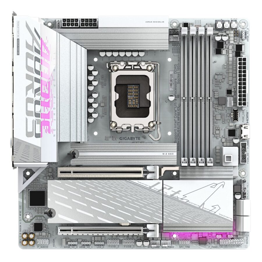 Gigabyte B860M AORUS ELITE WIFI6E ICE Intel 1851 Socket Motherboard, Micro-ATX, 4x DDR5 Slots, 3x M.2 Sockets, Fitted I/O Shield, 2.5GbE LAN, Wi-Fi 6E, 1x DisplayPort / 1x HDMI Port / 1x USB-C (USB4)