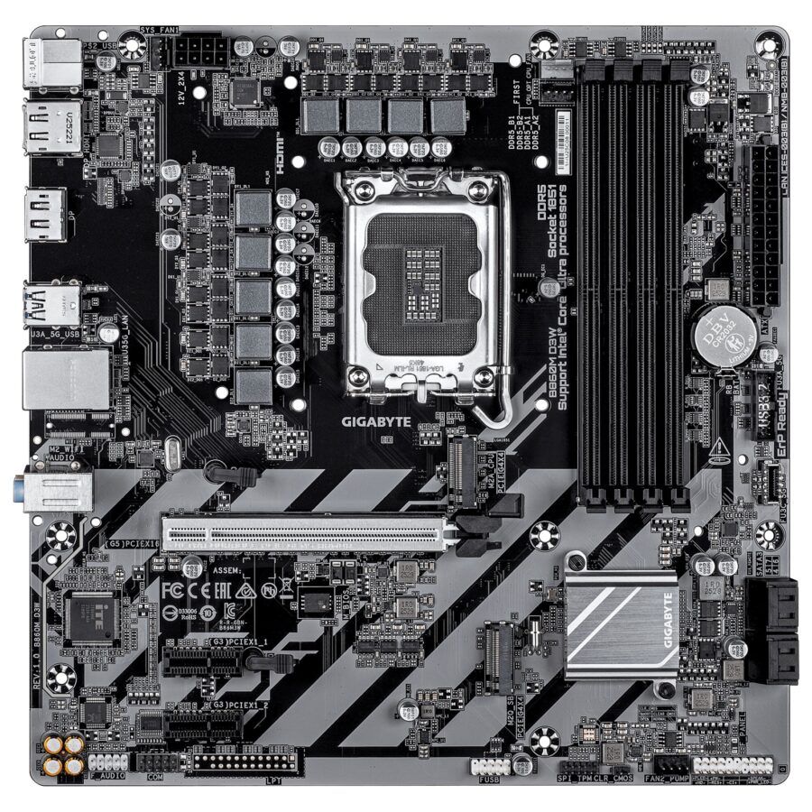 Gigabyte B860M D3W Intel 1851 Socket Motherboard, Micro-ATX, 4x DDR5 Slots, 2x M.2 Sockets, GbE LAN, 2x DisplayPorts / 1x HDMI Port