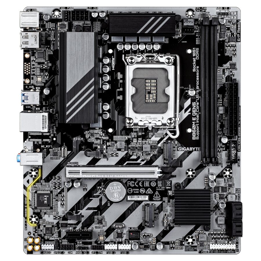 Gigabyte B860M E GEN5 Intel 1851 Socket Motherboard, Micro-ATX, 2x DDR5 Slots, 2x M.2 Sockets, GbE LAN, 1x DisplayPort / 1x HDMI Port