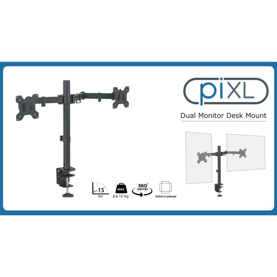 piXL Desk-Mounted Fully-Adjustable Dual Monitor Arm for Screens Up To 27 inch with VESA Mount & Built-In Cable Management