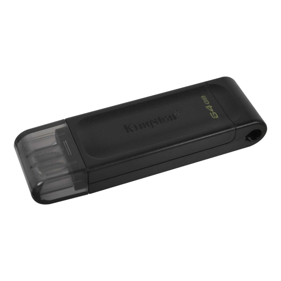 Kingston DT70/64GB DataTraveler 64GB USB Flash Drive, USB 3.2, USB-C, Gen1, 80MB/s, Clear Cap, Black, Retail.