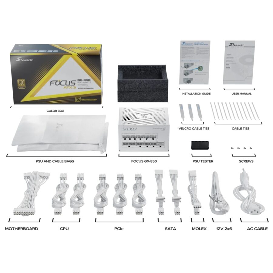 Seasonic FOCUS GX V4 850W ATX 3.1 80 PLUS Gold Modular PSU with 120mm FDB Fan, Braided White Cables & 10 Year Warranty, White