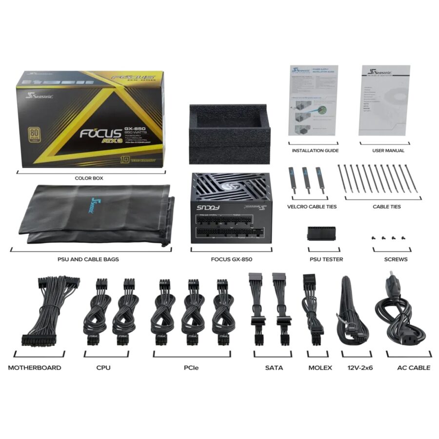 Seasonic FOCUS GX V4 850W 80 PLUS Gold ATX 3.1 Modular PSU with 135mm FDB Fan, OptiSink & 10 Year Warranty, Black