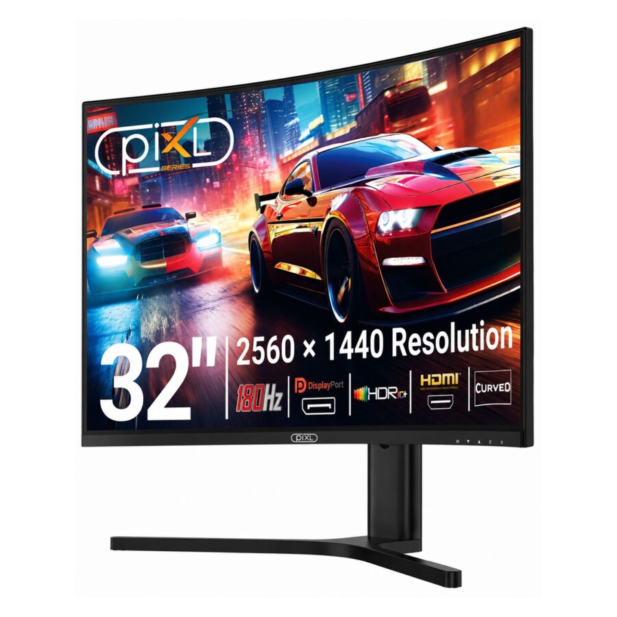 piXL X-Series GS32QIDPHA 32 Inch QHD VA, Curved (1500R) Gaming Monitor with 180Hz Refresh Rate, 2560 x 1440 Resolution, 1ms Response Time, HDR10+, Adaptive Sync, 2x HDMI 2.1 & 2x DisplayPort 1.4, Height Adjustable
